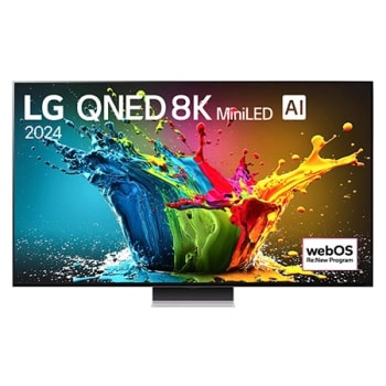 LG QNED TV, QNED99 eestvaade, ekraanil tekst LG QNED 8K MiniLED, 2025 ja webOS Re:New Program logo1