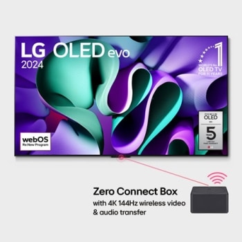 LG OLED M4 ja Zero Connect Box selle all, 11 aastat maailmas esikohal olnud OLED-embleem ja webOS-i Re:New Program logo ja paneeli 5-aastase garantii logo ekraanil1
