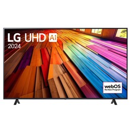 LG UHD TV, UT81 eestvaade, ekraanil tekst LG UHD AI ThinQ, 2024 ja webOS Re:New Program logo2