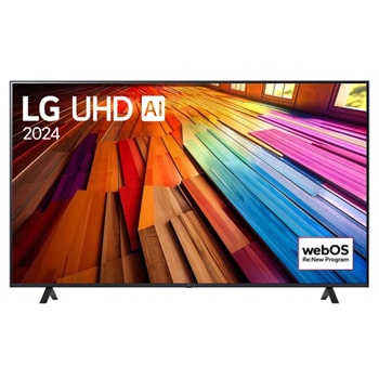 LG UHD TV, UT81 eestvaade, ekraanil tekst LG UHD AI ThinQ, 2024 ja webOS Re:New Program logo1