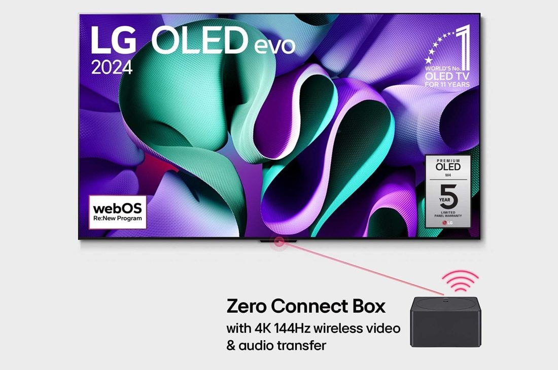 LG 83-tolline LG OLED evo AI M4 maailma esimene tõeliselt juhtmevaba 4K 144 Hz video- ja heliülekandega teler, Eestvaade koos LG OLED evo, OLED M4 teleriga, 11 aastat maailma nr 1 OLED-embleem, webOS Re:New Program logo, 5-aastase paneeligarantii logo ekraanil ja Zero Connect Box koos ühendatud 4K 144Hz juhtme, OLED83M49LA