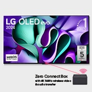 LG 77-tolline LG OLED evo AI M4 maailma esimene tõeliselt juhtmevaba 4K 144 Hz video- ja heliülekandega teler, Eestvaade koos LG OLED evo, OLED M4 teleriga, 11 aastat maailma nr 1 OLED-embleem, webOS Re:New Program logo, 5-aastase paneeligarantii logo ekraanil ja Zero Connect Box koos ühendatud 4K 144Hz juhtme, OLED77M49LA, thumbnail 1