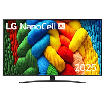 NanoCell TV teleri esivaade, ülanurgas on LG NanoCell Al logo. LG NanoCell NANO80 TV teler maalib värvikirevaid tekstuure.