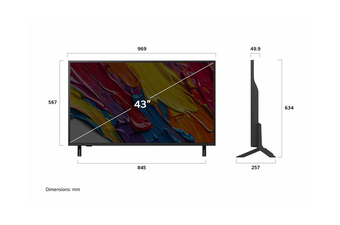 LG 43 tolline LG QNED AI 4K nuti TV QNED84 2025, LG QNED82 AI 4K nutiteleri eest- ja külgvaade, mis näitab selle pikkuse, laiuse, kõrguse ja sügavuse mõõtmeid., 43QNED84A3C, thumbnail 4