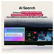 LG 43 tolline LG QNED AI 4K nuti TV QNED84 2025, LG TV teleriekraan, ning esiplaanil on kaugjuhtimispult AI Magic Remote. AI-nupp on valgustatud ja kõnemullis on tekst – soovita mulle filmi, mis võiks mulle meeldida. Ekraanil näeme kasutaja ikooni E, 43QNED84A3C, thumbnail 11