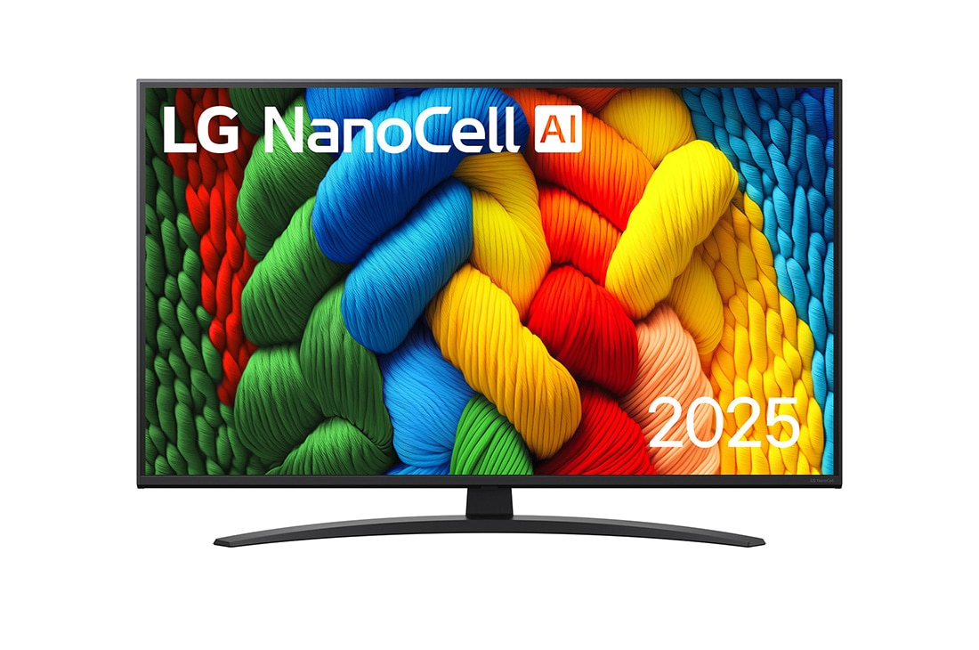 LG 43-tolline LG NanoCell AI 4K nuti TV NANO81 2025, NanoCell TV teleri esivaade, ülanurgas on LG NanoCell Al logo. LG NanoCell NANO80 TV teler maalib värvikirevaid tekstuure., 43NANO81A3A
