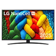 LG 43 tolline LG NanoCell AI 4K nuti TV NANO81 2025, NanoCell TV teleri esivaade, ülanurgas on LG NanoCell Al logo. LG NanoCell NANO80 TV teler maalib värvikirevaid tekstuure., 43NANO81A3A, thumbnail 1