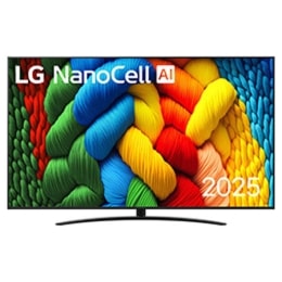 NanoCell TV teleri esivaade, ülanurgas on LG NanoCell Al logo. LG NanoCell NANO80 TV teler maalib värvikirevaid tekstuure.2