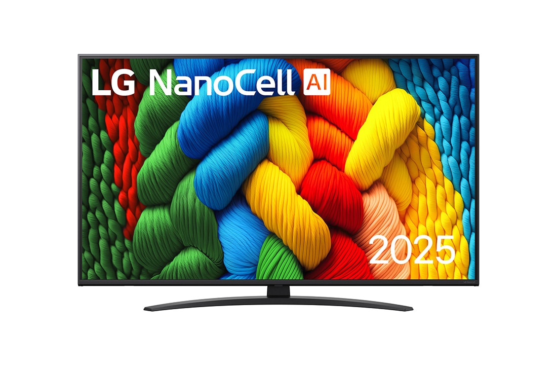LG 50-tolline LG NanoCell AI 4K nuti TV NANO81 2025, NanoCell TV teleri esivaade, ülanurgas on LG NanoCell Al logo. LG NanoCell NANO80 TV teler maalib värvikirevaid tekstuure., 50NANO81A3A