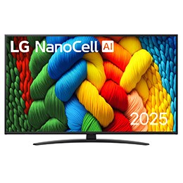 NanoCell TV teleri esivaade, ülanurgas on LG NanoCell Al logo. LG NanoCell NANO80 TV teler maalib värvikirevaid tekstuure.2