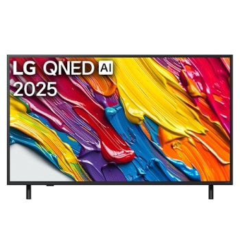 LG QNED82 TV esivaade, ülanurgas on LG QNED Al logo. LG QNED TV teler maalib värvikirevaid tekstuure.1
