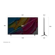 LG 75 tolline LG QNED AI 4K nuti TV QNED80 2025, LG QNED AI QNED 80 4K nutiteleri eest- ja külgvaade, mis näitab selle pikkuse, laiuse, kõrguse ja sügavuse mõõtmeid., 75QNED80A3A, thumbnail 4