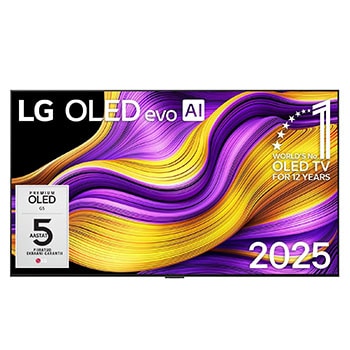LG OLED evo AI G5 4K nutiteleri esivaade. Ekraanil on „12 aastat maailma nr. 1 OLED“ kirjaga embleem ja LG OLED evo AI 2025 logo.