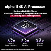 LG 65 tolline LG OLED evo AI G5 4K nuti TV OLED65G5 2025, Gen2 alpha 11 AI-protsessor on tumedal taustal. See helendab lillas ja sinises valguses, valgustades selle ümber olevaid mikrokiibi ahelaid. Pealkiri kirjeldab, kuidas LG OLED evo-le pühendatud protse, OLED65G51LW, thumbnail 6