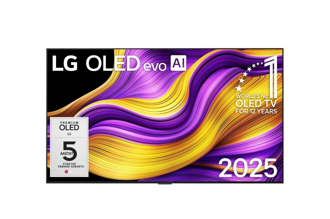 LG 65 tolline LG OLED evo AI G5 4K nuti TV OLED65G5 2025, LG OLED evo AI G5 4K nutiteleri esivaade. Ekraanil on „12 aastat maailma nr. 1 OLED“ kirjaga embleem ja LG OLED evo AI 2025 logo., OLED65G51LW