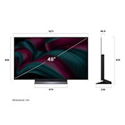 LG 48 tolline LG OLED evo AI C5 4K nuti TV OLED48C51 2025, LG OLED evo AI C5 4K nutiteleri eest- ja külgvaade, mis näitab selle pikkuse, laiuse, kõrguse ja sügavuse mõõtmeid., OLED48C51LA, thumbnail 4