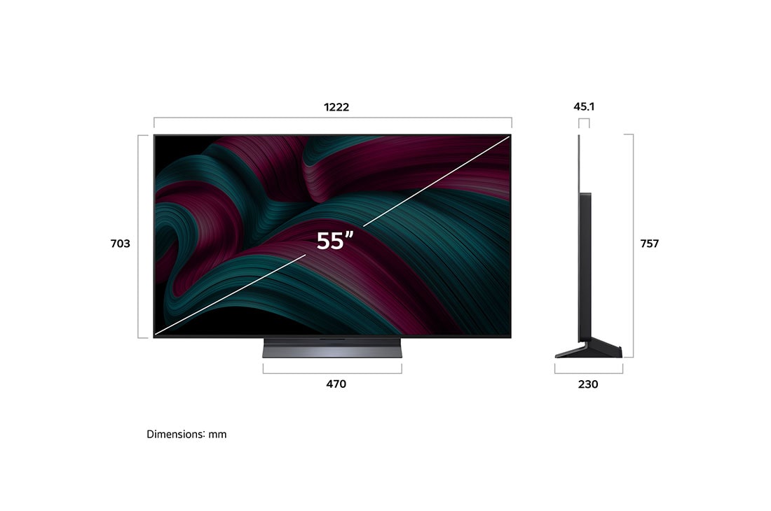 LG 55 tolline LG OLED evo AI C5 4K nuti TV OLED55C51 2025, LG OLED evo AI C5 4K nutiteleri eest- ja külgvaade, mis näitab selle pikkuse, laiuse, kõrguse ja sügavuse mõõtmeid., OLED55C51LA, thumbnail 4