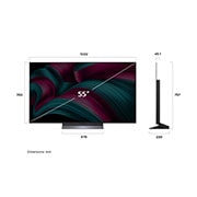 LG 55 tolline LG OLED evo AI C5 4K nuti TV OLED55C51 2025, LG OLED evo AI C5 4K nutiteleri eest- ja külgvaade, mis näitab selle pikkuse, laiuse, kõrguse ja sügavuse mõõtmeid., OLED55C51LA, thumbnail 4