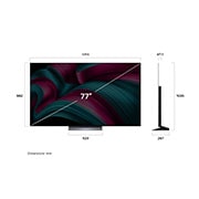 LG 77 tolline LG OLED evo AI C5 4K nuti TV OLED77C51 2025, LG OLED evo AI C5 4K nutiteleri eest- ja külgvaade, mis näitab selle pikkuse, laiuse, kõrguse ja sügavuse mõõtmeid., OLED77C51LA, thumbnail 4
