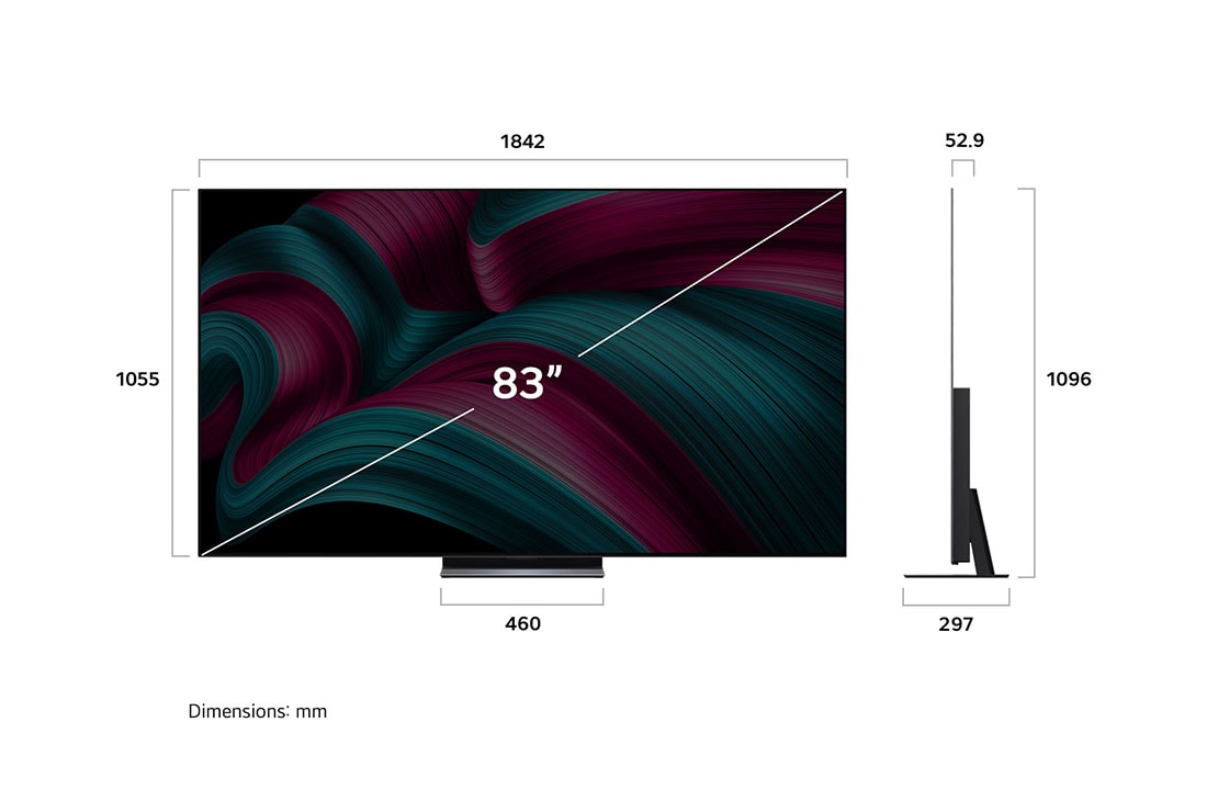 LG 83 tolline LG OLED evo AI C5 4K nuti TV OLED83C51 2025, LG OLED evo AI C5 4K nutiteleri eest- ja külgvaade, mis näitab selle pikkuse, laiuse, kõrguse ja sügavuse mõõtmeid., OLED83C51LA, thumbnail 4