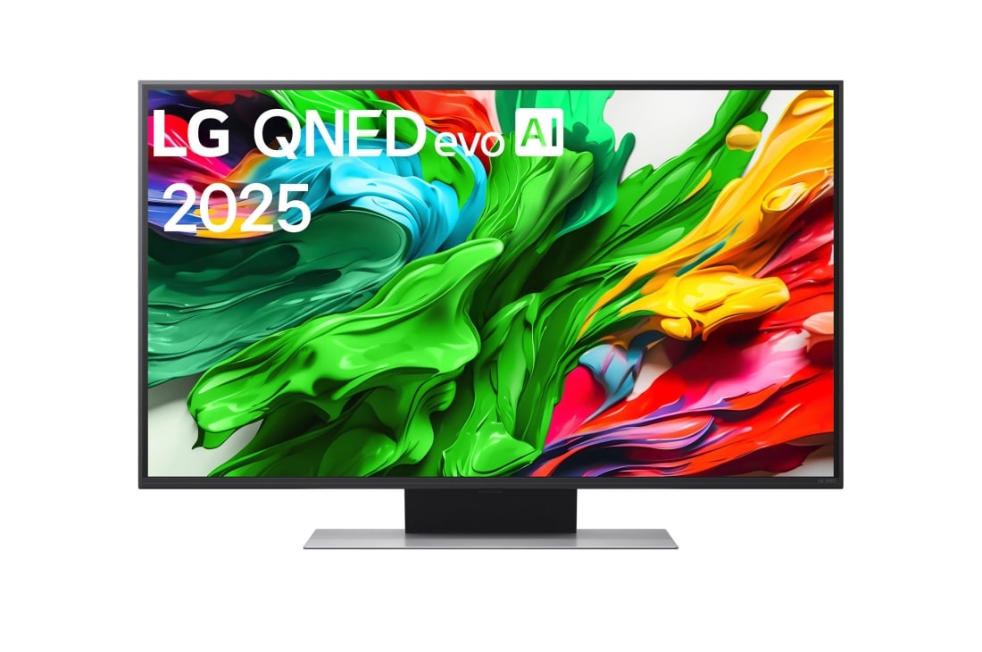LG 43-tolline LG QNED evo AI 4K nuti TV QNED86 2025, LG QNED evo QNED86 TV teleri esivaade, LG QNED evo AI Logo on ülanurgas. LG QNED evo QNED86 TV teler maalib värvikirevaid tekstuure., 43QNED86A3C