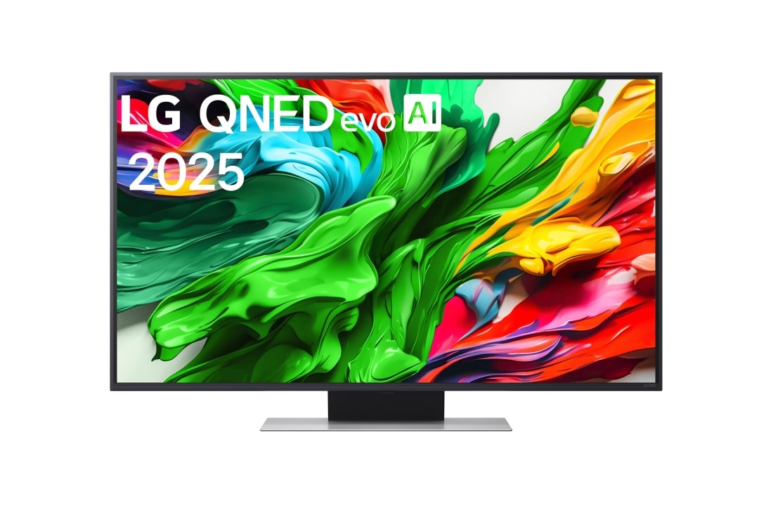LG 50-tolline LG QNED evo AI 4K nuti TV QNED87 2025, LG QNED evo QNED87 TV teleri esivaade, LG QNED evo AI Logo on ülanurgas. LG QNED evo QNED87 TV teler maalib värvikirevaid tekstuure., 50QNED87A3D