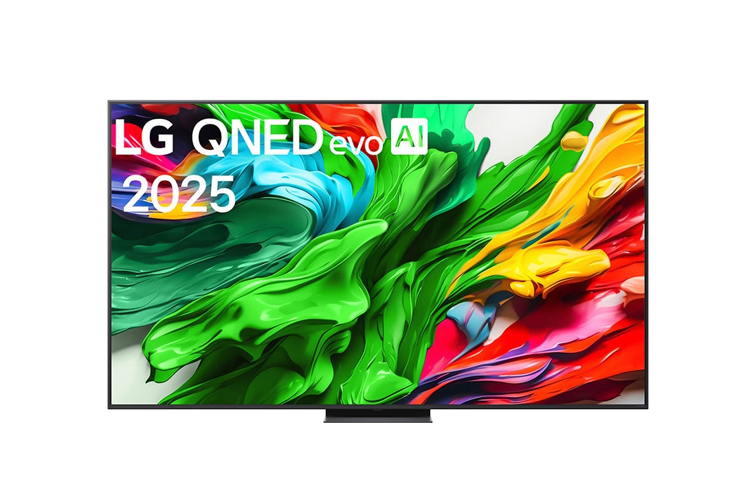 LG 86-tolline LG QNED evo AI 4K nuti TV QNED86 2025, LG QNED evo QNED85 TV teleri esivaade, LG QNED evo AI Logo on ülanurgas. LG QNED evo QNED85 TV teler maalib värvikirevaid tekstuure., 86QNED86A3A