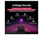 LG 86 tolline LG QNED evo AI MiniLED 4K nuti TV QNED86 2025, Esiplaanil on LG AI Magic Remote. AI-nupp on valgustatud. Tagaplaanil on LG webOS kasutajaliides. Hiirekursor viitab sellele, et pult on kasutuses. Tekst selgitab, kuidas puldi funktsioonid ja juhtnup, 86QNED86A3A, thumbnail 12