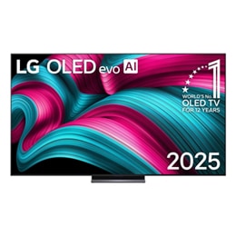 Vedere frontală a LG OLED evo AI C5 4K Smart TV. Emblema OLED 12 ani numărul 1 la nivel mondial și logo LG OLED AI evo 2025 sunt pe ecran.2