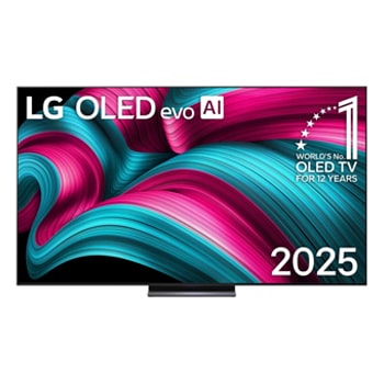 Vedere frontală a LG OLED evo AI C5 4K Smart TV. Emblema OLED 12 ani numărul 1 la nivel mondial și logo LG OLED AI evo 2025 sunt pe ecran.1