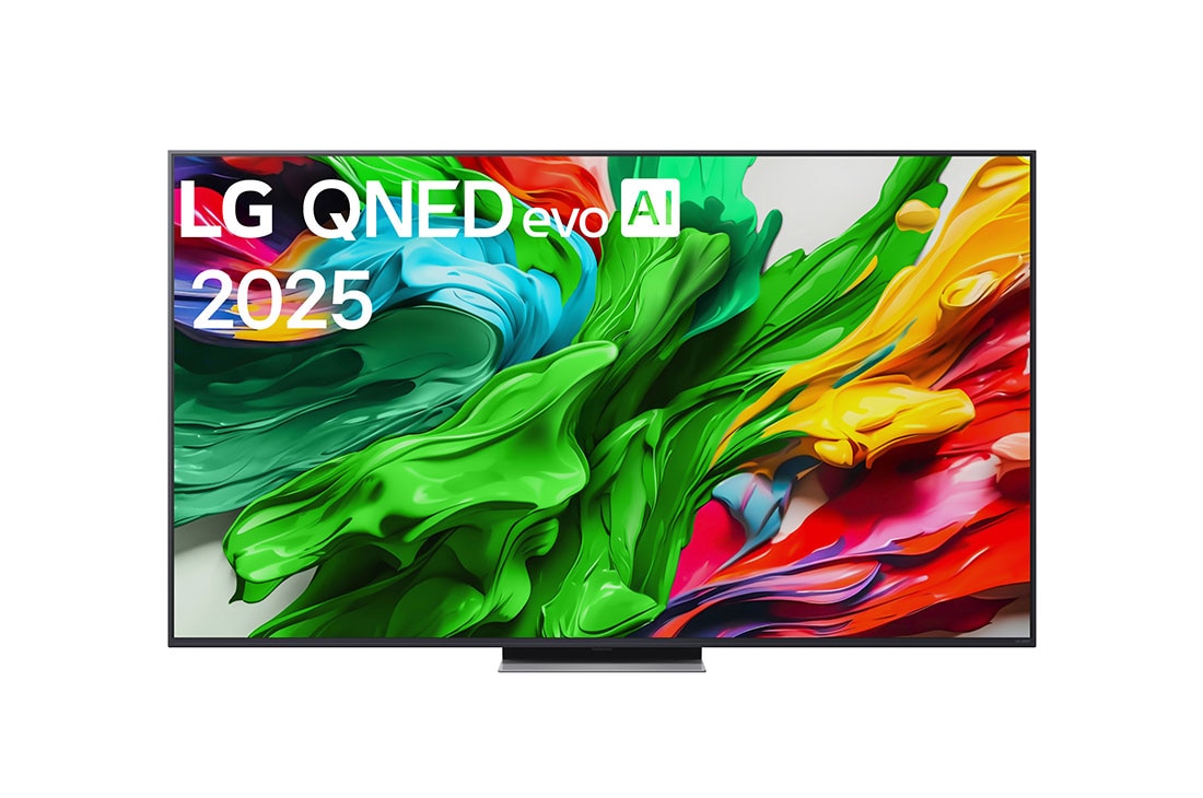 LG 65-tolline LG QNED evo AI 4K nuti TV QNED87 2025, LG QNED evo QNED85 TV teleri esivaade, LG QNED evo AI Logo on ülanurgas. LG QNED evo QNED85 TV teler maalib värvikirevaid tekstuure., 65QNED87A3B