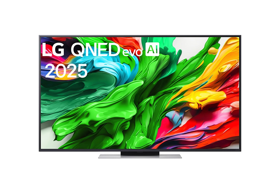 LG 55-tolline LG QNED evo AI 4K nuti TV QNED87 2025, LG QNED evo QNED85 TV teleri esivaade, LG QNED evo AI Logo on ülanurgas. LG QNED evo QNED85 TV teler maalib värvikirevaid tekstuure., 55QNED87A3B
