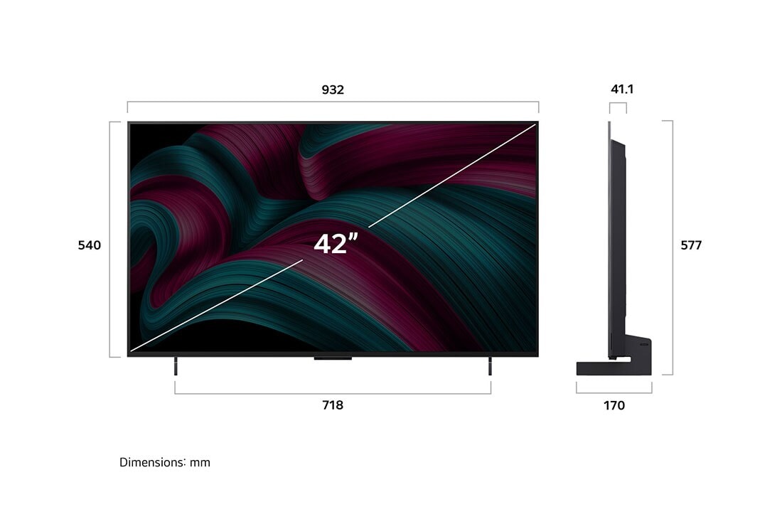 LG 42 tolline LG OLED evo AI C5 4K nuti TV OLED42C52 2025, LG OLED evo AI C5 4K nutiteleri eest- ja külgvaade, mis näitab selle pikkuse, laiuse, kõrguse ja sügavuse mõõtmeid., OLED42C52LA, thumbnail 4