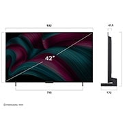 LG 42 tolline LG OLED evo AI C5 4K nuti TV OLED42C52 2025, LG OLED evo AI C5 4K nutiteleri eest- ja külgvaade, mis näitab selle pikkuse, laiuse, kõrguse ja sügavuse mõõtmeid., OLED42C52LA, thumbnail 4