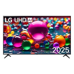 UHD UA75 TV teleri eestvaade, LG UHD AI logo ülanurgas. LG UHD TV teler maalib värvikirevaid tekstuure.2