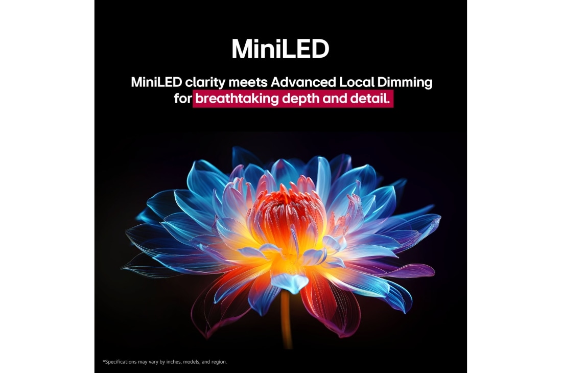 LG Traadita 86 tolline LG QNED evo AI QNED9M MiniLED koos 4K video ja heli ülekandega, Paljudes erinevates toonides 3D-holograafiline lill mustal taustal. Lille detailsus ja selgus demonstreerivad QNED-i MiniLED tehnoloogia võimekust luua erakordse värvi, heleduse ja kontrastsusega visu, 86QNED9MA3B, thumbnail 8