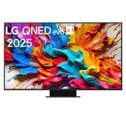 LG QNED evo AI QNED9M TV eestvaade. LG QNED evo AI logo vastasnurgas. LG QNED evo TV teler maalib värvikirevaid tekstuure. Zero Connect Box nurgas pealkirjaga, Zero Connect Box 4K 144Hz juhtmevaba vid2