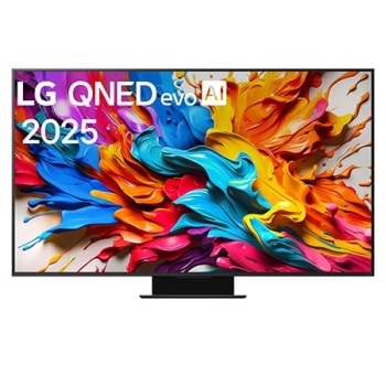 LG QNED evo AI QNED9M TV eestvaade. LG QNED evo AI logo vastasnurgas. LG QNED evo TV teler maalib värvikirevaid tekstuure. Zero Connect Box nurgas pealkirjaga, Zero Connect Box 4K 144Hz juhtmevaba vid1