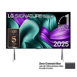 Prednji prikaz televizora LG OLED M5 Signature. Na zaslonu se prikazuju amblem „Najbolji OLED na svijetu već 12 godina” i logotip LG Signature OLED M. Zero Connect Box u kutu s naslovom, Zero Connect 2