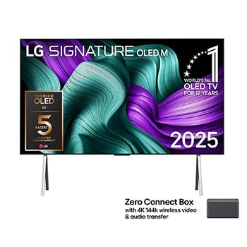 Prednji prikaz televizora LG OLED M5 Signature. Na zaslonu se prikazuju amblem „Najbolji OLED na svijetu već 12 godina” i logotip LG Signature OLED M. Zero Connect Box u kutu s naslovom, Zero Connect 1