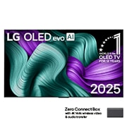 LG 83-tolline LG OLED evo AI M5 OLED83M5 tõeliselt juhtmevaba 4K 144 Hz video- ja heliülekandega teler, LG OLED M5 TV teleri eestvaade. Ekraanil on „12 aastat maailma nr. 1 OLED“ kirjaga embleem ja LG OLED evo AI 2025 logo. Zero Connect Box nurgas pealkirjaga „Zero Connect Box 4K 144Hz juhtmevaba video-, OLED83M59LA, thumbnail 1