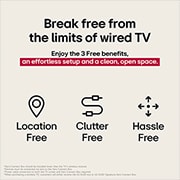 LG 83-tolline LG OLED evo AI M5 OLED83M5 tõeliselt juhtmevaba 4K 144 Hz video- ja heliülekandega teler, Kolm ikooni, mis tähistavad LG True Wireless TV kolme tasuta eelist. Asukohavaba, segadusevaba, probleemidevaba. Tekstis räägitakse juhtmega teleri piiridest vabanemisest ja pingutuseta seadistamise n, OLED83M59LA, thumbnail 5