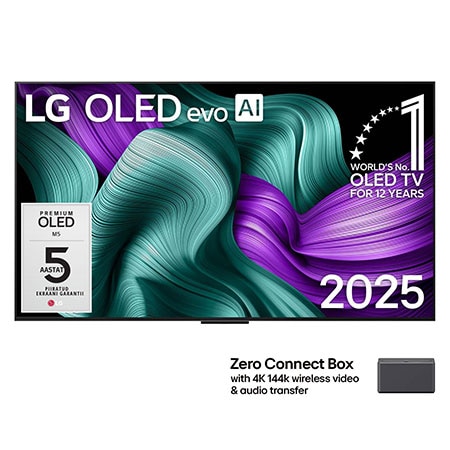 LG OLED M5 TV teleri eestvaade. Ekraanil on „12 aastat maailma nr. 1 OLED“ kirjaga embleem ja LG OLED evo AI 2025 logo. Zero Connect Box nurgas pealkirjaga „Zero Connect Box 4K 144Hz juhtmevaba video-1