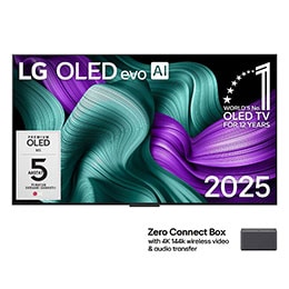 LG OLED M5 TV teleri eestvaade. Ekraanil on „12 aastat maailma nr. 1 OLED“ kirjaga embleem ja LG OLED evo AI 2025 logo. Zero Connect Box nurgas pealkirjaga „Zero Connect Box 4K 144Hz juhtmevaba video-2