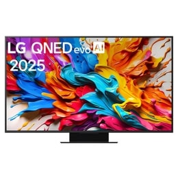 LG QNED evo AI QNED9M TV eestvaade. LG QNED evo AI logo vastasnurgas. LG QNED evo TV teler maalib värvikirevaid tekstuure. Zero Connect Box nurgas pealkirjaga, Zero Connect Box 4K 144Hz juhtmevaba vid2