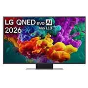 LG 50-tolline LG QNED evo AI Mini-LED QNED86 4K nuti TV 2026, LG QNED evo AI QNED85 Mini LED eestvaade, mis ilmus 2026. aastal, täidab ekraani erksate, voolavate mitmevärviliste, maalilaadsete liikumispursetega, kus tihedad värvipilved sulanduvad sujuvalt üle ek, 50QNED86B3B, thumbnail 1