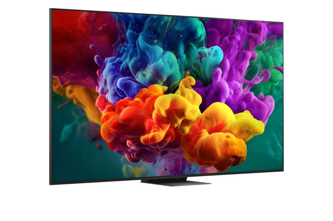 LG 100-tolline LG QNED evo AI Mini-LED QNED87 4K nuti TV 2026, LG QNED evo AI QNED85 Mini LED eestvaade, mis ilmus 2026. aastal, kuvab ekraanil erksaid, voolavaid tiheda värvipilve purseid, tuues esile Dynamic QNED Color Pro, Mini LED, alpha 8 AI Processor 4K Gen, 100QNED87B3, thumbnail 2
