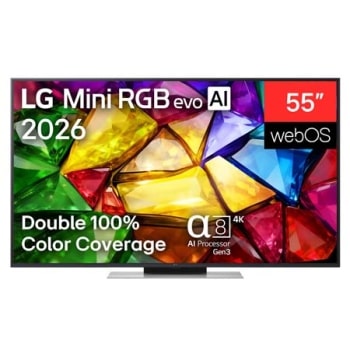 LG Mini RGB evo AI MRGB85 eestvaade, mis ilmus 2026. aastal, kuvab peenikese musta raamiga ja lühikeste jalgadega teleri, mille ekraanil särab elav, kristalliselge pilt teravalt piiritletud mitmevärvi1