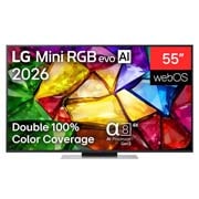 LG 55-tolline LG Mini RGB evo AI MRGB88 4K nuti TV 2026, LG Mini RGB evo AI MRGB85 eestvaade, mis ilmus 2026. aastal, kuvab peenikese musta raamiga ja lühikeste jalgadega teleri, mille ekraanil särab elav, kristalliselge pilt teravalt piiritletud mitmevärvi, 55MRGB88B3B, thumbnail 1
