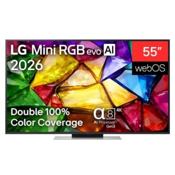 LG Mini RGB evo AI MRGB85 eestvaade, mis ilmus 2026. aastal, kuvab peenikese musta raamiga ja lühikeste jalgadega teleri, mille ekraanil särab elav, kristalliselge pilt teravalt piiritletud mitmevärvi1